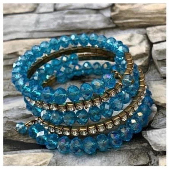 Vintage Y2K Turquoise Dangle Faceted Beads Clear Rhinestone Coil Wrap Bracelet - Picture 2 of 3
